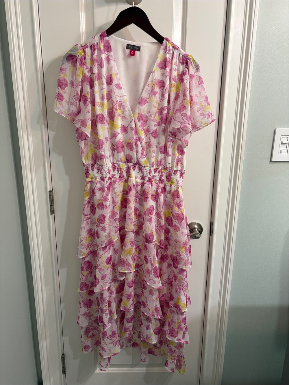 Vince Camuto Pink and Yellow Floral Tiered Midi Dress